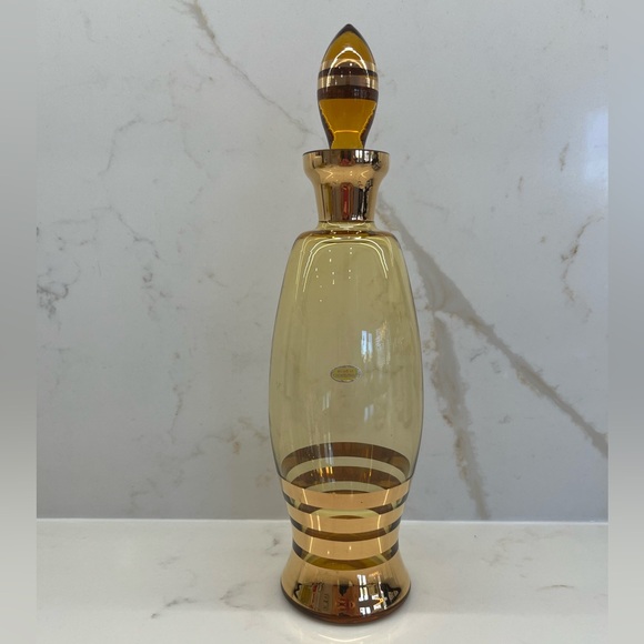 Vintage Bohemian Czech Amber Glass Decanter with Gold Bands and Stopper MCM - Picture 2 of 4